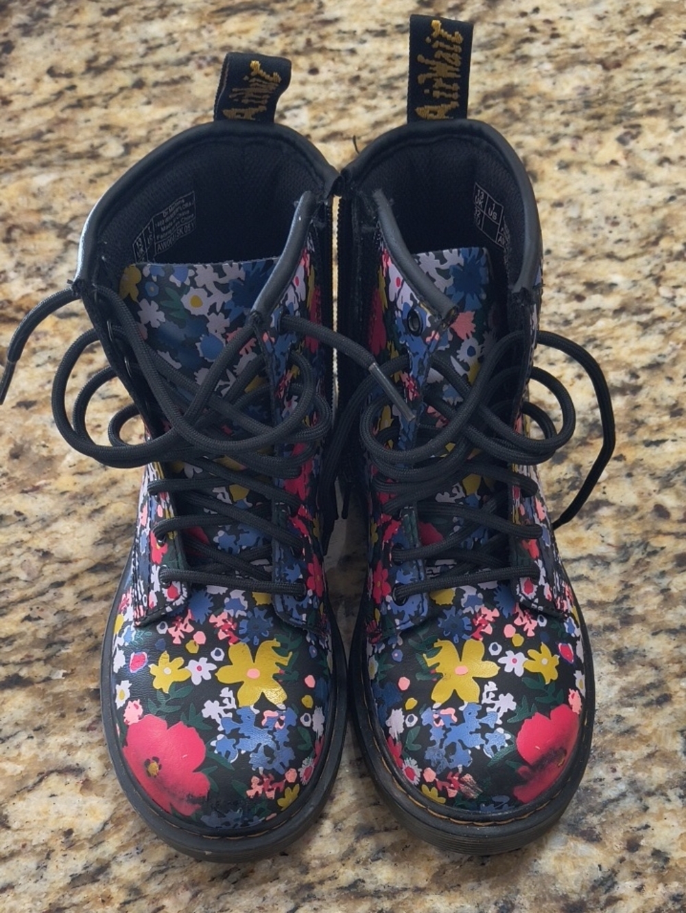 Kids Floral Lace-Up Combat Boots - Black with Multicolor Flowers